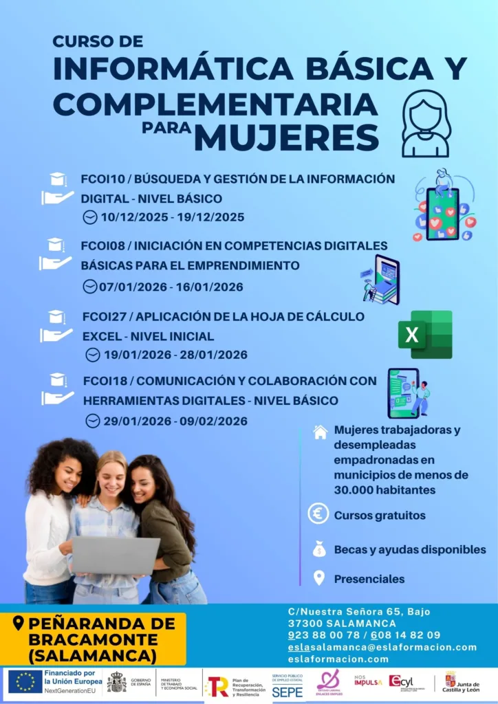 Cartel cursos de informática básica y complementaria para mujeres