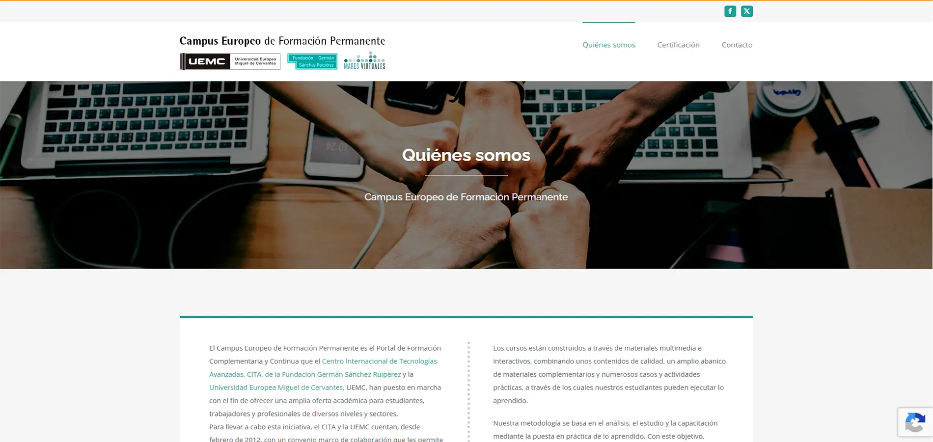 captura de pantalla mostrando la landing page del campus Europeo de Formación