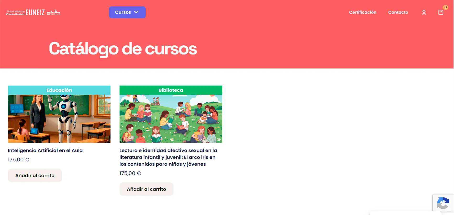 Captura mostrando la oferta de cursos de Campus Euneiz