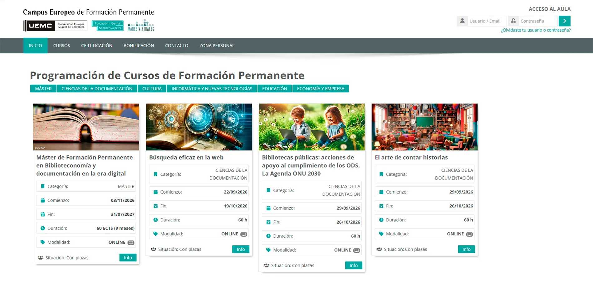 captura de pantalla mostrando la pantalla con la lista de cursos disponibles