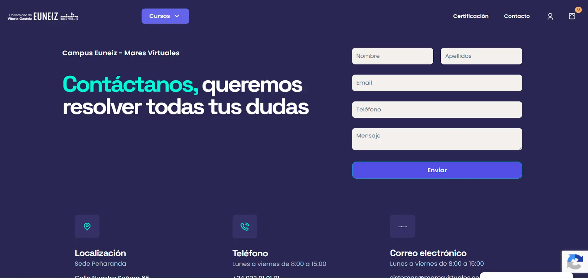 Captura mostrando el formulario de contacto de Campus Euneiz